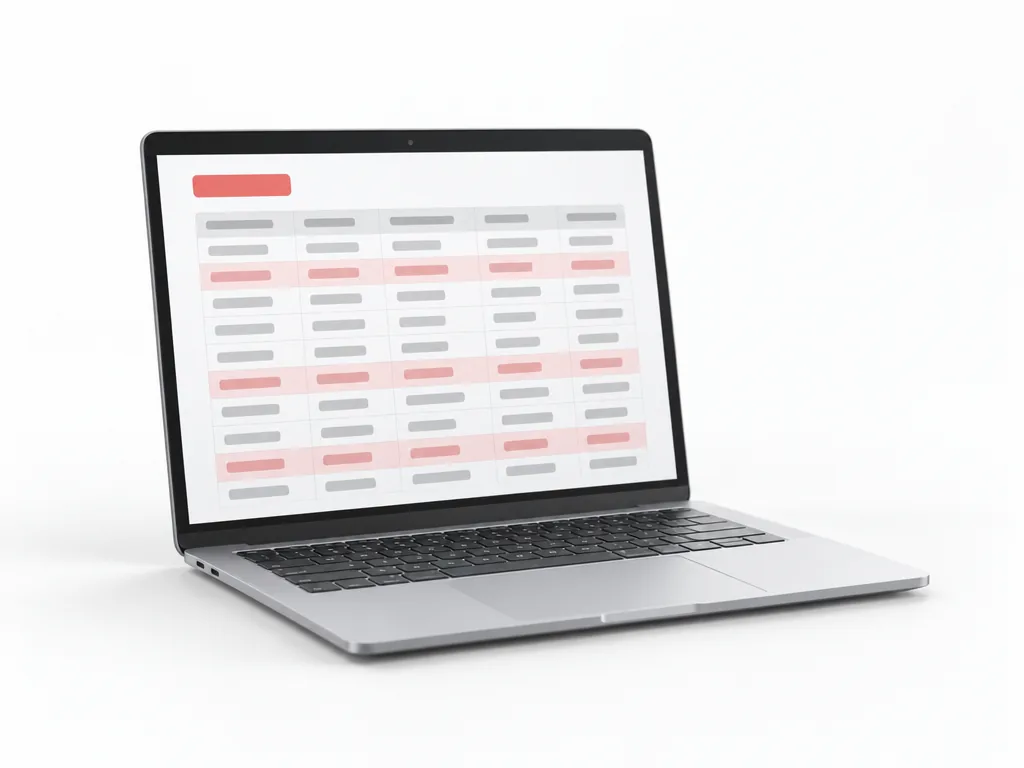 A laptop showing a data table with rows marked red
