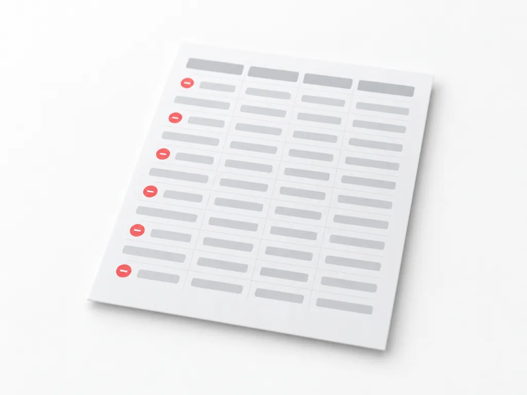 A spreadsheet with rows marked with red minus badges